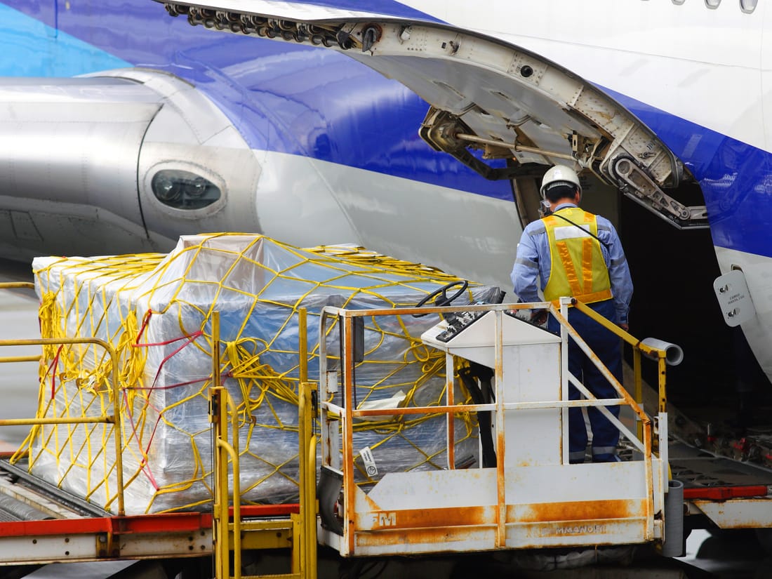 Air freight being loaded for international delivery