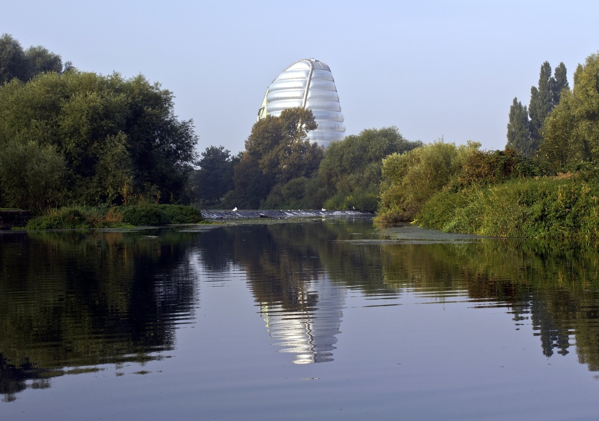 The River Soar in Leicester, with the National Space Centre behind