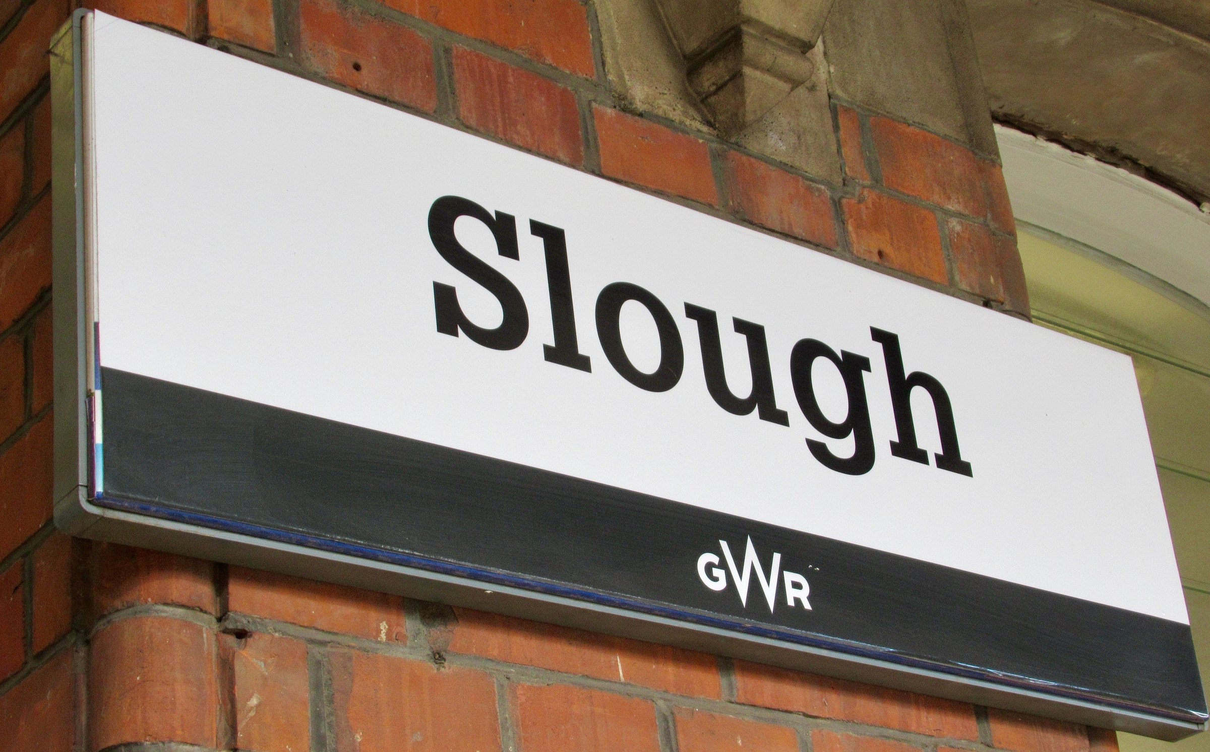 The platform nameboard at Slough railway station